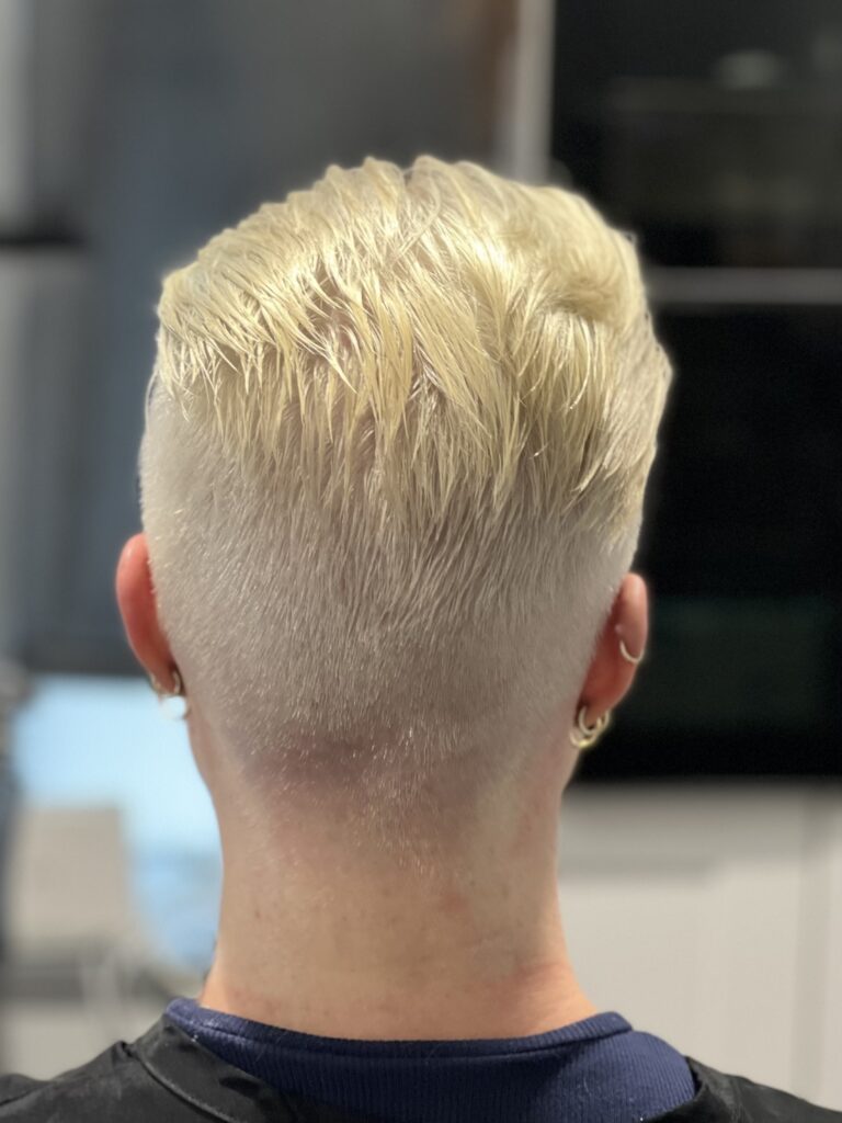 This bleach blonde men's haircut reflects Ayda Ghaffari's skill at hair coloring and styling for men. The hair shape reflects versatility in styling and cutting.